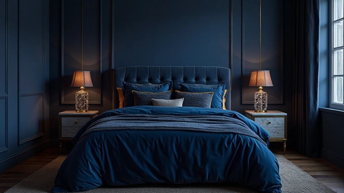 aranżacja granatowej sypialni