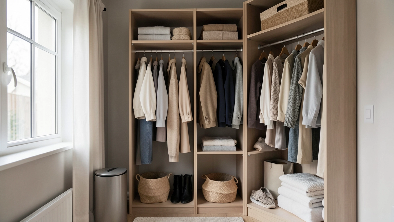 Otwarta garderoba w małej sypialni