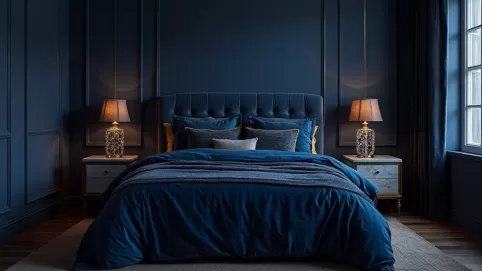 aranżacja granatowej sypialni