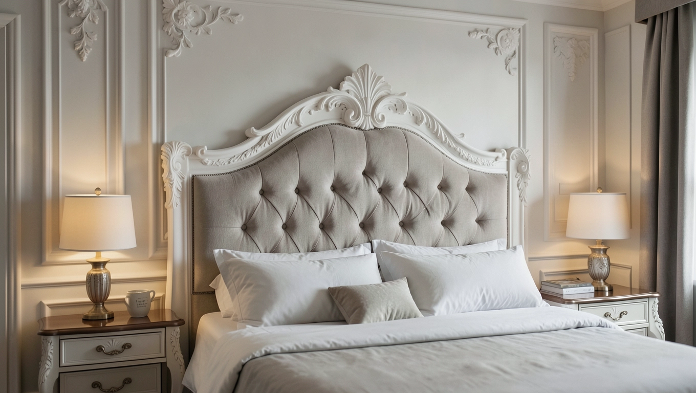 Sztukateria na ścianie za łóżkiem